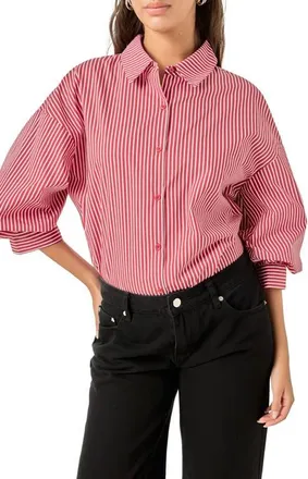 English Factory Stripe Balloon Sleeve Shirt in Burgundy at Nordstrom, Size X-Small