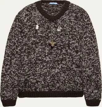 Prada Melange Wool Crewneck Sweater with Pendants