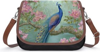 Generic Beautiful Peacock Perched On Branch Crossbody Bag Womens Handbag PU Message Bags Shoulder Purse with Adjustable Strap