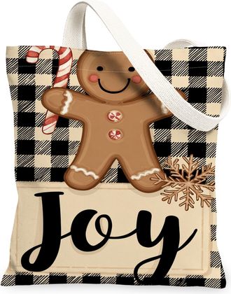 Generic Christmas Gingerbread Canvas Tote Bags, Cute Holiday Design Reusable Grocery Bags, Winter Plaid Lightweight Washable Should, Brown, 13x15 Inch