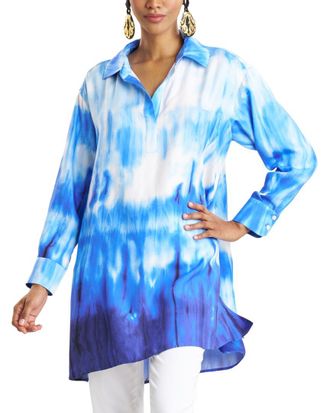 Natori Santorini Printed Silk-Blend Oversized Shirt