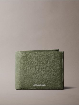 Calvin Klein Mens Pebble Grain Leather Bifold Wallet with Coin Pouch - Green