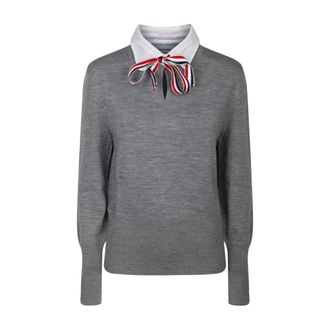 Thom Browne Round-neck Knitwear, female, Gray, Size: 2XS Light Grey Pullover Combo Shirt