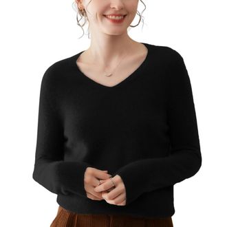 Dissa Women Cashmere Jumper Black V-Neck Knitted Jumper Long Sleeve Relaxed Cashmere&Wool Thin Plain Ladies Sweater,UK 12,MN655