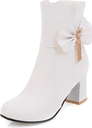Generic Womens Elegant Ankle Boots Block Heel Round Toe Short Boots with Bow Detail, Tassel & Side Zip PU Leather for Office Wear & Daily Outing Soft Inner Li