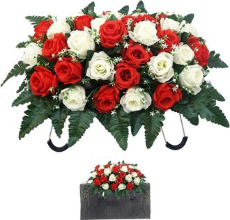 No Brand Corona Para L&aacute;pida, Corona De Rosas Artificiales, Con Soporte Met&aacute;lico Ajustable, Decoraci&oacute;n Floral Para Cementerio Resistente A La Intemperie - Blanc