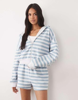 KAIIA Felpa con cappuccio in misto cotone blu e bianco a righe con zip e logo ricamato in coordinato