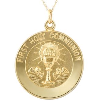 Pompeii3 14k Yellow Gold First Holy Communion Medal Pendant 1 Tall 4 Grams