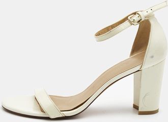 Stuart Weitzman Cream Patent Leather Block Heel Ankle Strap Sandals