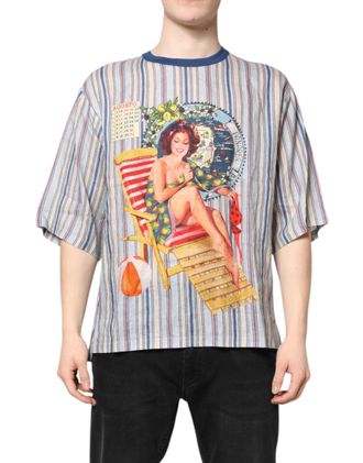 Dolce & Gabbana Mens Multicolor Striped Pin Up Linen Round Neck T-Shirt Flax