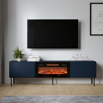 Dmora Mueble Para Tv Vermezzo, Un Estante, 2 Puertas, Chimenea Incluida, 200x42x57h Cm Azul
