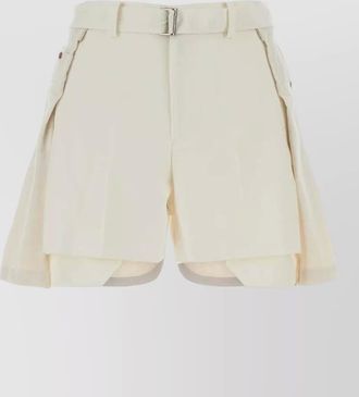 sacai polyester denim shorts belted waist pleats pockets