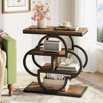 Tribesigns Tribesigns Mesa Auxiliar Estrecha De 4 Niveles De Madera Con Marco De Metal Curvado, Mesita De Noche R&uacute;stica Con Estantes Para Dormitorio, Sala De Est