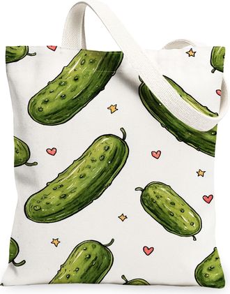 Generic Pickle Pattern Canvas Tote Bags, Cute Vegetable Design Reusable Grocery Bags, Summer Lightweight Washable Shoulder Strap Ca, Green, 13x15 Inch
