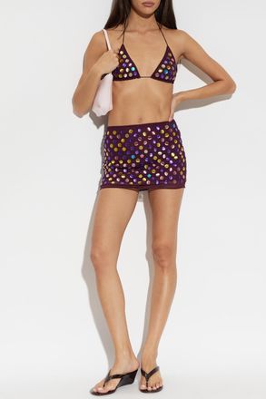 Os&eacute;ree Short Skirt With Colorful Appliqu&eacute;s, Womens, Burgundy