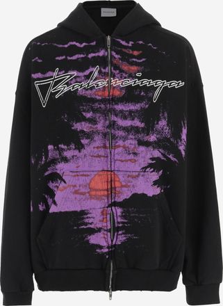 Balenciaga Womens Cotton Hoodie With Logo - Black Top