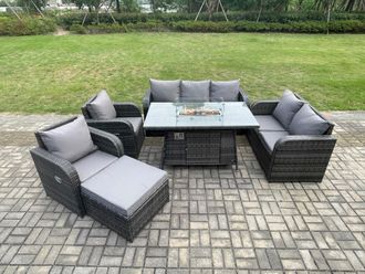 Fimous PE Wicker Outdoor Rattan Garden Furniture Set Propane Gas Fire Pit Table & Sofa Chair set with Big Footstool in Dark Grey