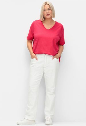 Sheego Kurzarmshirt SHEEGO T-Shirt, Damen, Gr. 40/42, pink (sorbet pink), 50% Baumwolle, 50% Modal, unifarben, V-Ausschnitt, Shirts Kurzarmshirt