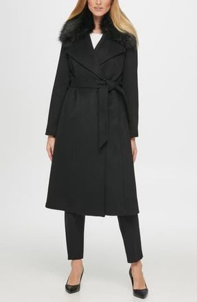 Karl Lagerfeld Belted Faux Fur Trim Wool Blend Coat in Black at Nordstrom Rack, Size X-Small