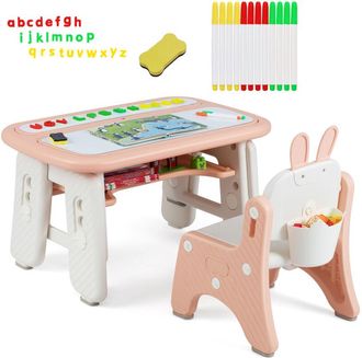 Costway Kids Drawing Table & Chair Set w/Flip-Top Tabletop Bookshelf-Pink
