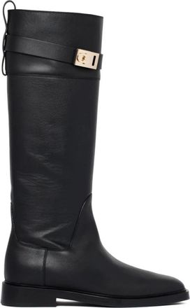Ferragamo Laarzen met gespdetails - Dames - Hoge Laarzen - Zwart - 39 1/2 EU - Leer - Schoenen
