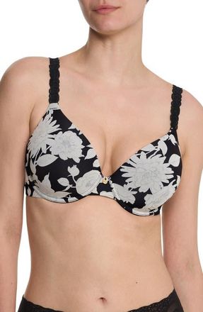 Natori Pure Luxe Plunge Underwire T-Shirt Bra in Black Garden Rose Print at Nordstrom, Size 38Dd