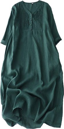Generic Dresses for Women UK Soft 3/4 Sleeve Button V Neck Plus Size Sundresses Cotton Linen Casual Maxi Dress Clothes Green Medium Plus Size 18