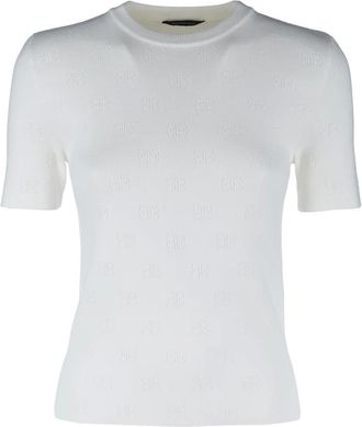 Balenciaga Round-neck Knitwear, female, White, Size: L BB Monogram Open-knit Top