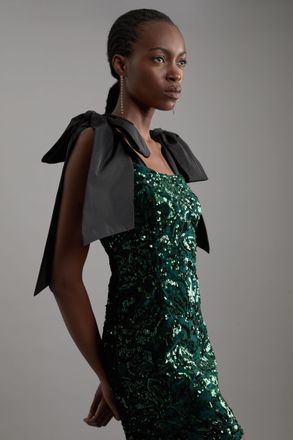 Karen Millen Velvet Sequin Woven Mini Dress With Taffeta Tie Detail