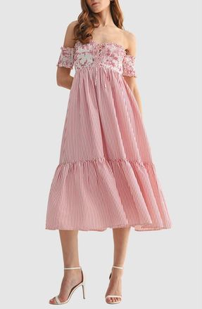 All in Favor Smocked Off the Shoulder Midi Dress in Red Stripe at Nordstrom, Size Medium