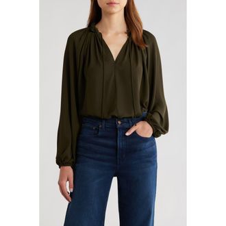 Madewell Long-Sleeve Tie-Neck Top in Midnight Olive at Nordstrom, Size Xx-Large