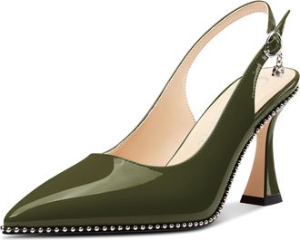 Castamere Womens Slingback Kitten Heel Close Pointed Toe Pumps Court Shoe Chunky Wedding Party Dress Shoes 9 CM Heels Olive Green 3.5 UK