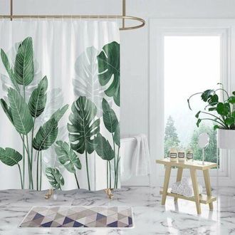 OEM Cortina De Ducha De 180 X 200 Cm, Resistente Al Moho, Con Estampado De Hojas Y Plantas Verdes, Repelente Al Agua, De Poli&eacute;ster, Lavable, Con 12 Anilla