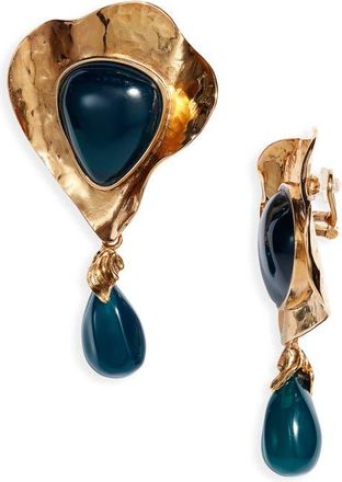 Saint Laurent Heart Drop Cabochon Clip-On Earrings in Dark Green/Gold at Nordstrom