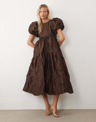 Sister Jane Sister Jane - Harmonia - Vestito midi jacquard color cioccolato con maniche a sbuffo in esclusiva-Marrone