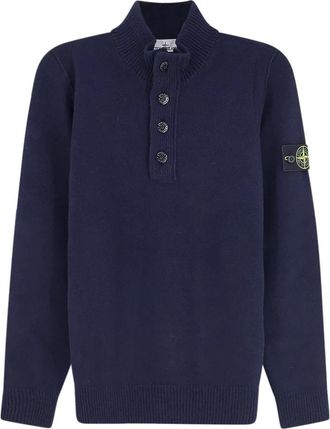 Stone Island Gebreide trui met hoge kraag en knopen - Heren - Coltruien - Blauw - L - Wol - Truien & Vesten