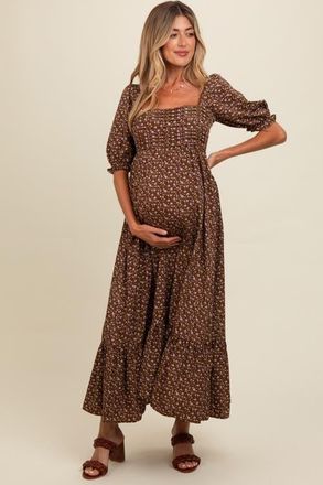 Pinkblush Floral Pleated Bodice Maxi Dress in Mocha at Nordstrom, Size Medium