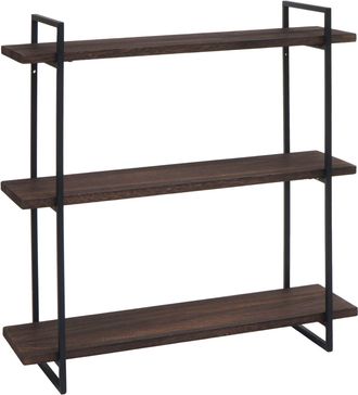 Hhg Hhg - Nunca Usado] Estante De Pared 631, Estante Colgante, Estante Flotante, 3 Estantes Madera Maciza Industrial 60x60x18cm, Marr&oacute;n Oscuro, Metal Negr