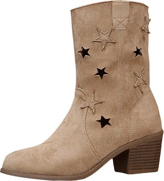 Generic Winter Ladies Autumn Winter Fashion Pointed Toe Chunky Heel Hollowed Out Casual Mid Calf Boots for Women Stylish Comfort Footwear (White, 5. 5)