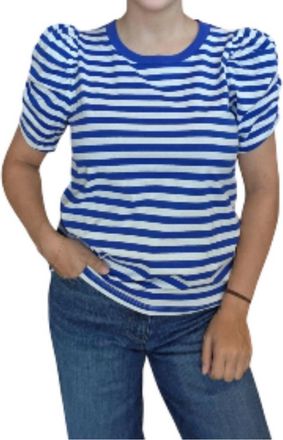 Staccato Crewneck Gathered Half Sleeve Cotton Striped Top In Royal Blue