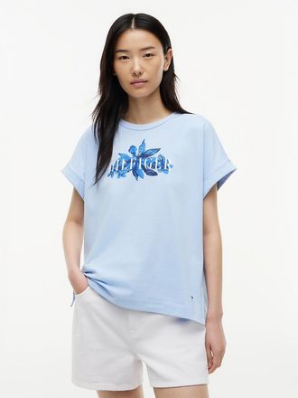 Tommy Hilfiger Womens Floral Hilfiger Logo T-Shirt - Sweet Blue - XXS