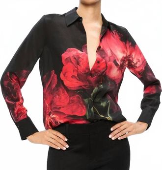 Alice & Olivia Brady Slim Button Down Top In Peony Petals Bright Ruby