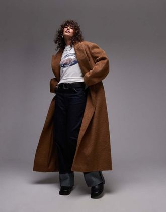 Topshop Cappotto taglio lungo cammello spazzolato con bottoni a pressione-Marrone