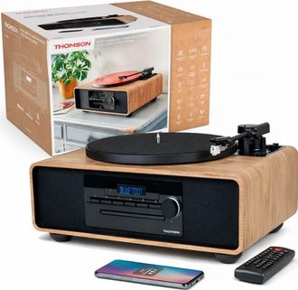 Thomson Mic300tt micro catena 60w bluetooth 5.0 con giradischi integrato - lettore cd de, radio fm, usb lettore (mp3) - telecomando - colore legno/nero