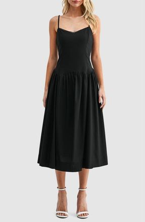 All in Favor Drop Waist Cotton & Linen Midi Dress in Black at Nordstrom, Size X-Large
