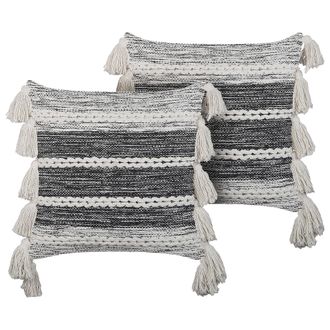 Beliani Conjunto De 2 Cojines De Algod&oacute;n Negro Blanco Crema 45 X 45 Cm Borlas Rochea