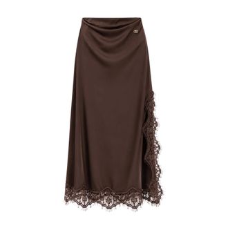 Yes-Zee Gonna Midi con Inserti in Pizzo - - Skirts - Donna - Marrone - XS