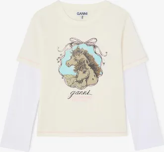 Ganni White Baby Fit T-shirt with Horses - Size XS Organic Cotton