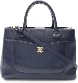 Chanel Navy Leather Handbag Tote Bag (Pre-Owned)