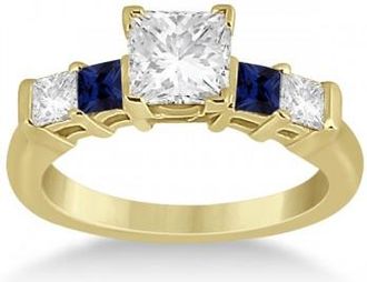 Allurez 5 Stone Princess Diamond & Sapphire Engagement Ring 18K Y. Gold 0.46ct